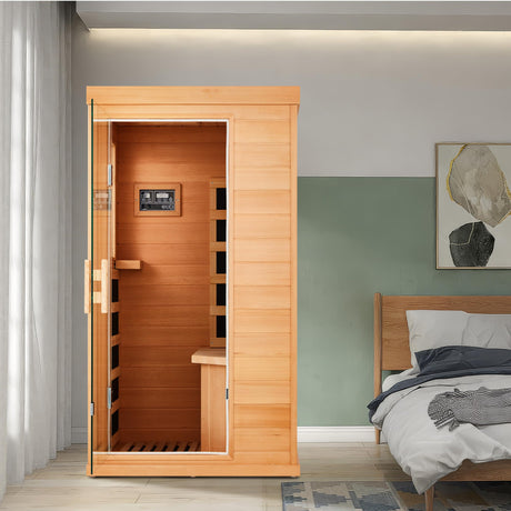 BNEHS 1 Person Infrared Sauna, Hemlock Wooden Indoor Dry Saunas，Full Spectrum Mini Sauna with 4 Heater Panels, Bluetooth Speaker, Tempered Glass Door, Compact and Easy to Use, 110V BNEHS
