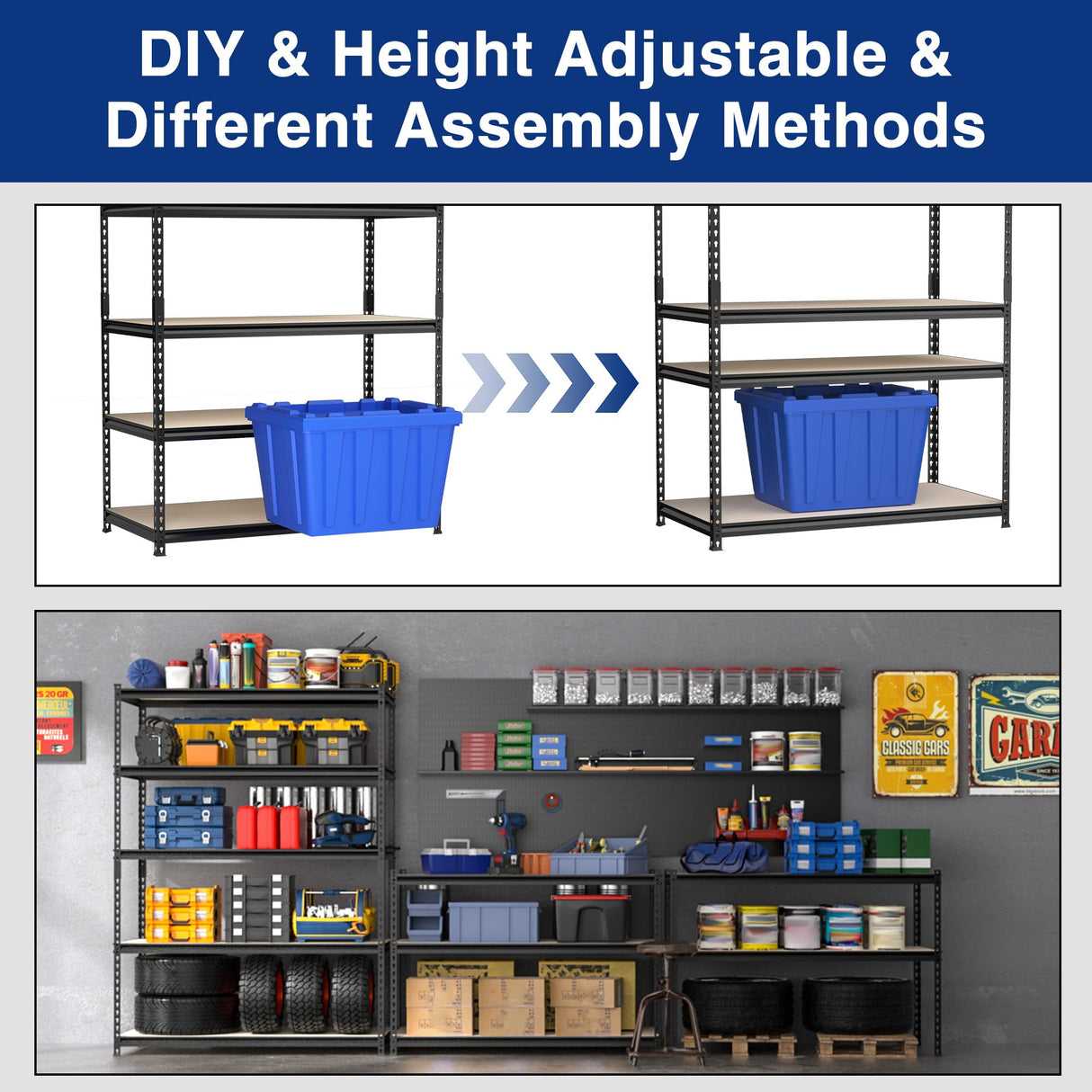 WORKPRO 5-Tier Metal Garage Shelving, 48”W x 24”D x 72”H, Adjustable Storage Rack, Heavy Duty Shelf with Particle Board, 2500 lbs Load Capacity (Total) for Garage, Basement, Warehouse, Kitchen WORKPRO