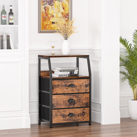 Furnulem Nightstand with 3 Drawers and 2-Tier Shelf, Fabric Small Dresser Organizer Vertical Storage Tower for Bedroom, Closet, Hallway, Nursery, End Table Side Furniture, Sturdy Steel Frame, Wood Top Furnulem