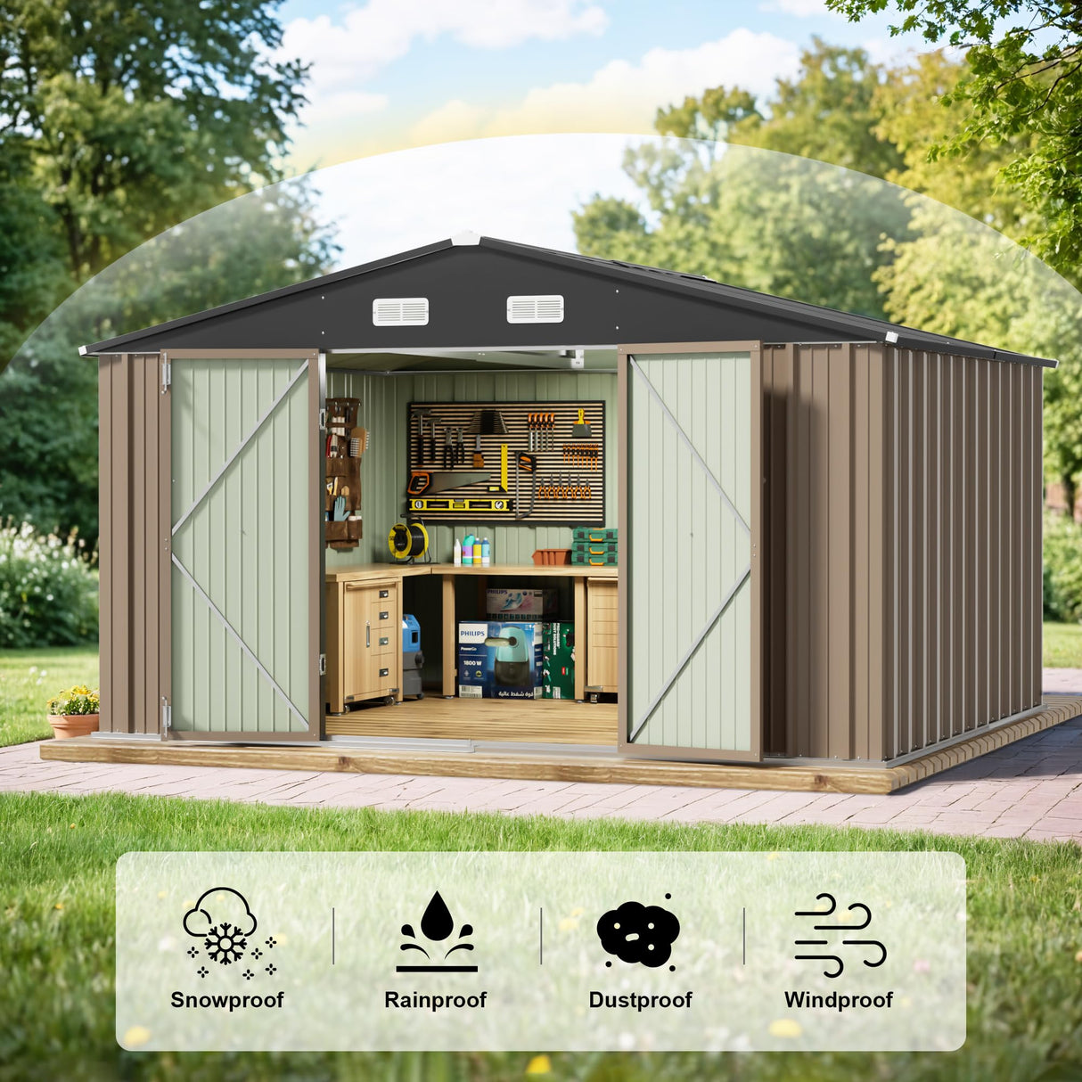 JUMMICO 10 x 10 FT Outdoor Storage Shed, Large Metal Garden Shed & Tool Sheds for Backyard Garden Patio Lawn (Brown) JUMMICO