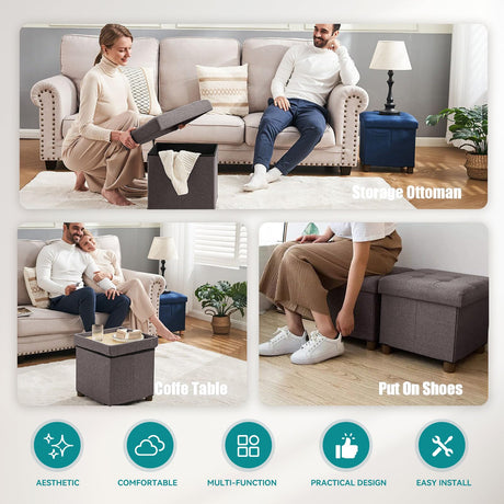 BRIAN & DANY Small Ottoman with Storage, Small Storage Ottoman, Folding Foot Stool with Wood Legs for Living Room and Bedroom Linen Rest Seat, 12.6"x12.6"x12.8" - Brown BRIAN & DANY
