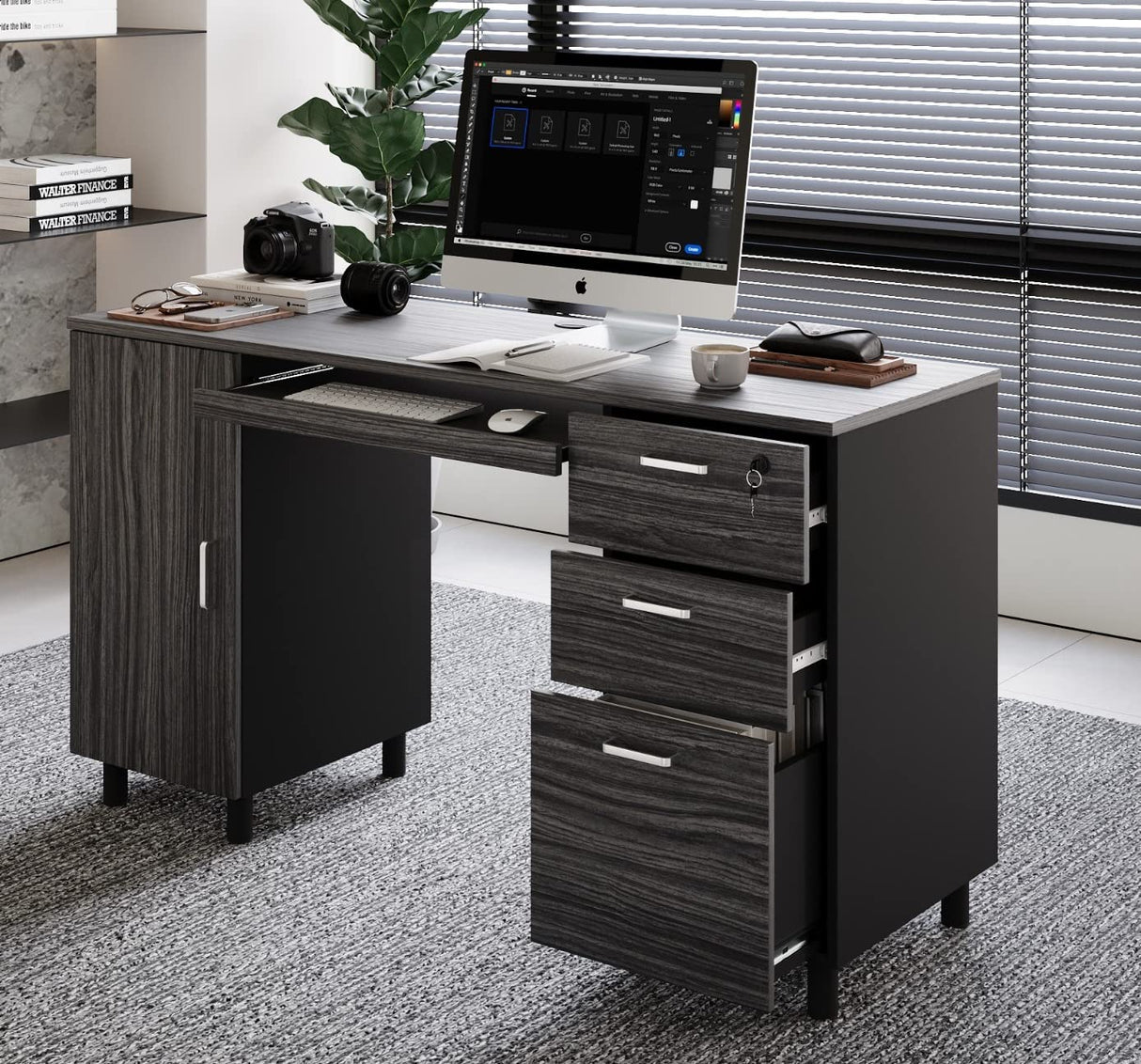 Modern Design Venice Office Computer Desk with 3 Locking Drawers and Storage Cabinet, 53 Inch Home and Office Executive Grey and Black Desk with Keyboard Tray by Crafts and Comfort Modern Design By Crafts & comfort