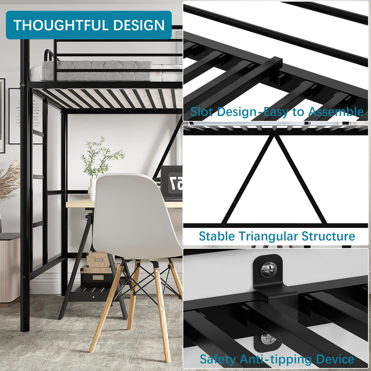 VECELO Twin Size Loft Bed with Full-Length Guardrails and Removable Ladder, Heavy-Duty Metal Frame, Space-Saving Design & Noise-Free, Black VECELO