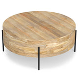 SIMPLIHOME Rayburn Drum Coffee Table - 38 inch Wide Solid Mango Wood Round Living Room Table in Natural, Modern Industrial Center Table for Family Room with Black Metal Legs and Large Surface SIMPLIHOME