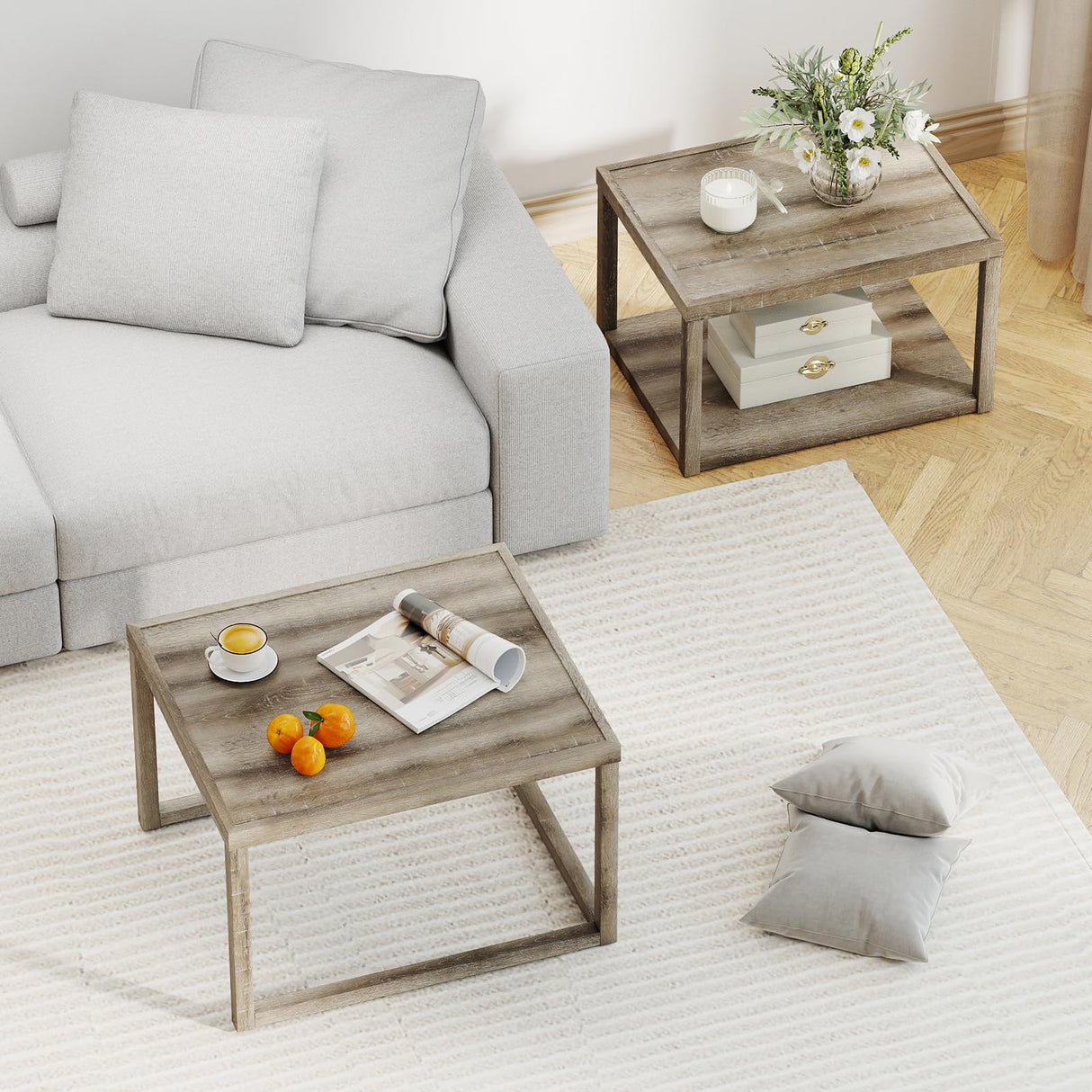 Giantex Nesting Coffee Table Set of 2, Stackable 2-Tier End Tables with Storage Shelf, Rubber Wood Frame, Farmhouse Nesting Tables for Living Room Bedroom Small Space, Grey Oak Giantex