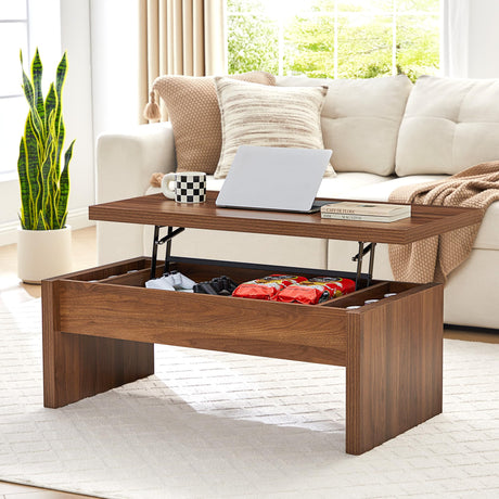Small Lift Top Coffee Table, Wood Rectangle Coffee Table with Lifting Top and Hidden Storage Compartment, Mid Century Modern Center Tables for Small Space, Living Room, Office (Walnut) QHITTY