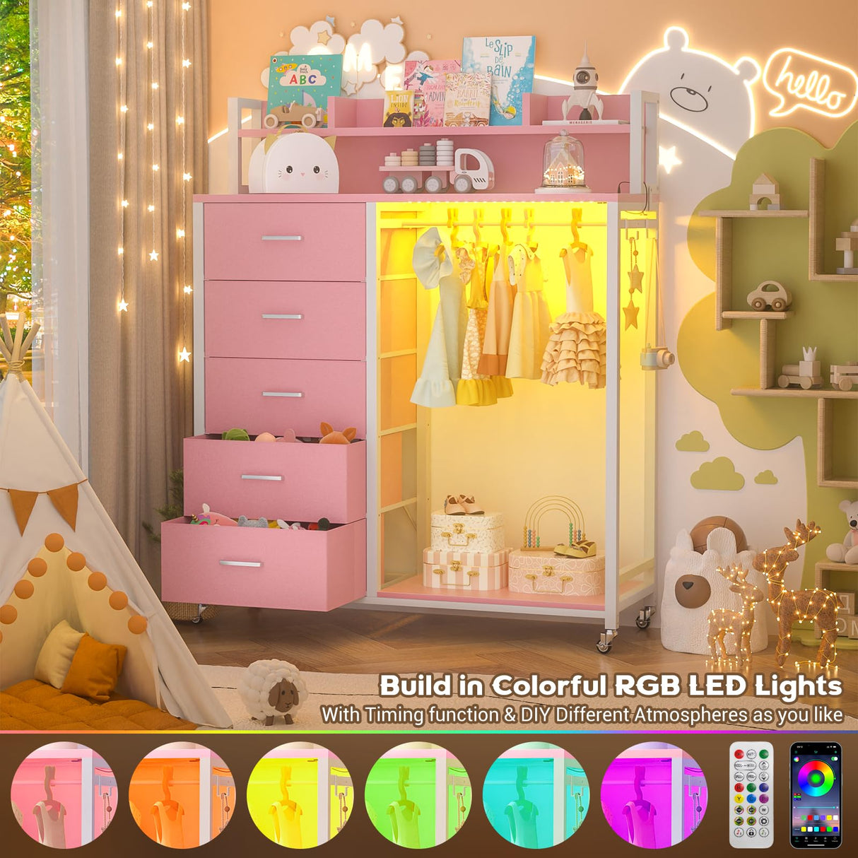 Cyclysio Dresser for Bedroom with Clothes Rack & Shelves, Pink 5 Drawers Dresser with Charging Station & LED Lights, Chest of Drawers with Lockable Wheels, Storage Shelves, Bedroom, Closet,Entryway Cyclysio