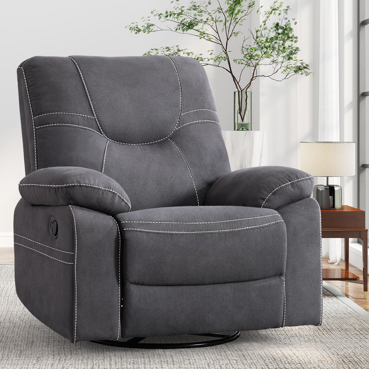 ANJ Oversized Swivel Rocker Recliner Chair for Adults, Manual Rocking Recliner Glider Recliner Nursery Chair Clearance with Decorative Stitching Soft Fabric Thick Cushion for Living Room Bedroom ANJ