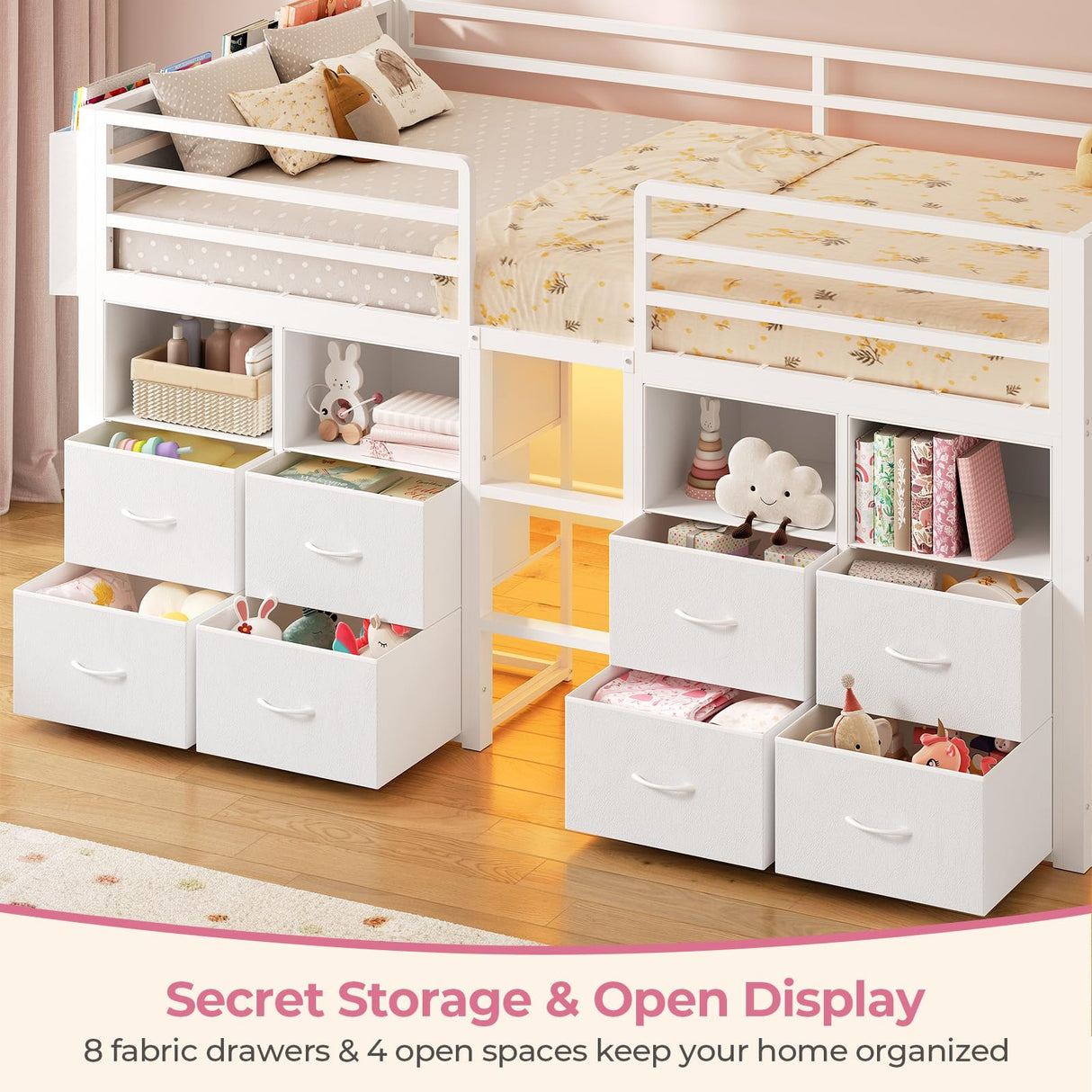 ADORNEVE Low Loft Bed Twin Size with 8 Storage Drawers, Twin Loft Bed with Bookcase and LED Lights, Metal Kids Loft Bed with 14" H Safety Guardrail, Under-Bed Play Space, No Box Spring Needed, White ADORNEVE