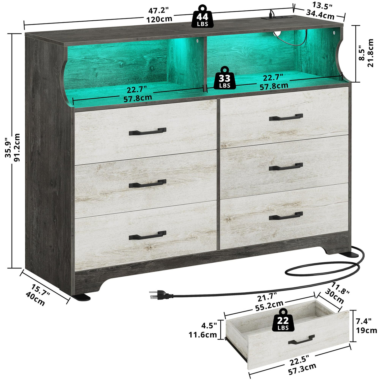 LIKIMIO 6 Drawer Dressers & Chests of Drawers for Bedroom, LED & USB Charging Modern Long Storage Cabinet, Mid-Century Tall Farmhouse Organizer Closet, Living Room Chest, Hallway, Rustic Wood LIKIMIO