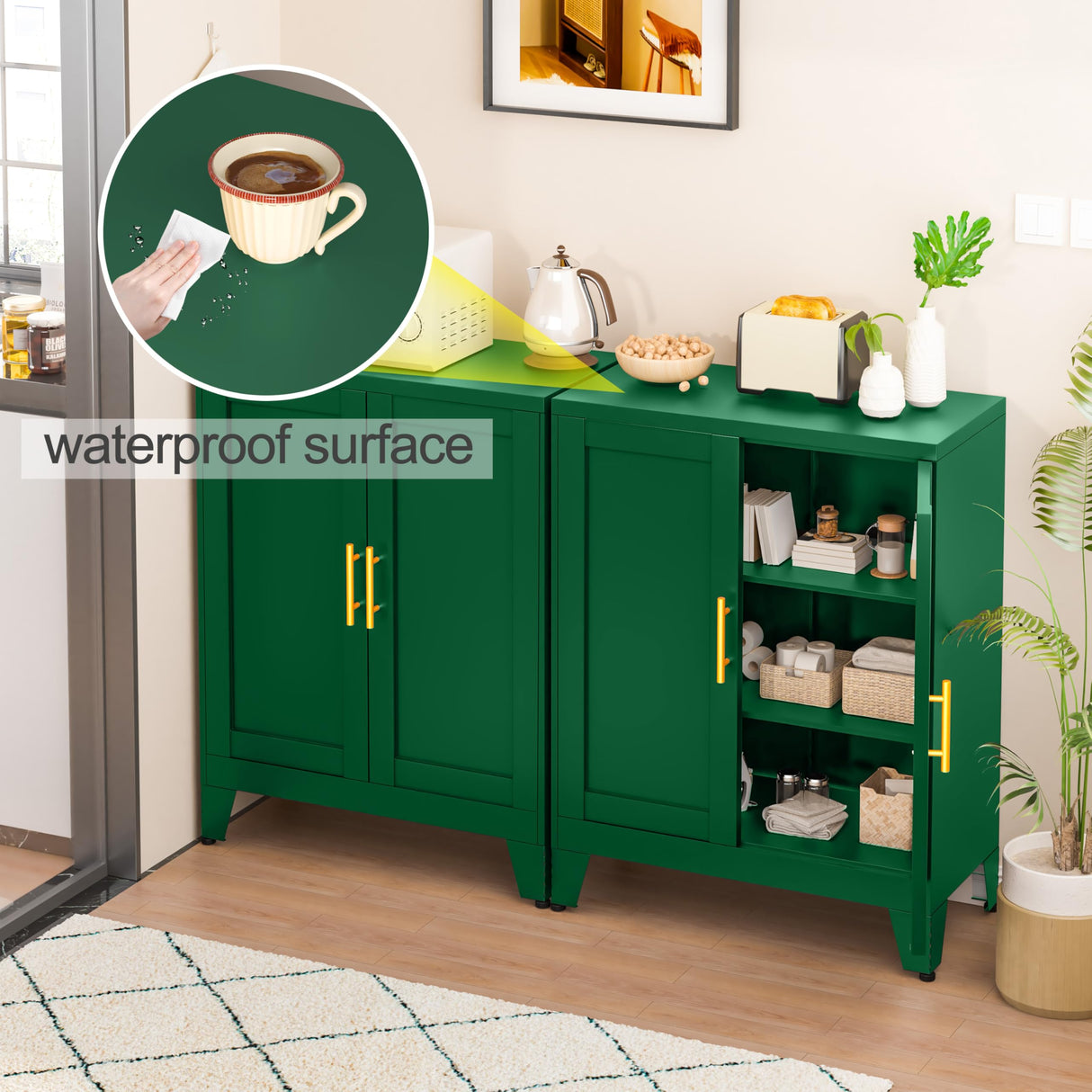 RISTERN Green Metal Storage Cabinet, 36" Sideboard Buffet Cabient, Kitchen Pantry Storage Cabinet with Doors and 2 Adjustable Shelves, for Office, Home, School RISTERN