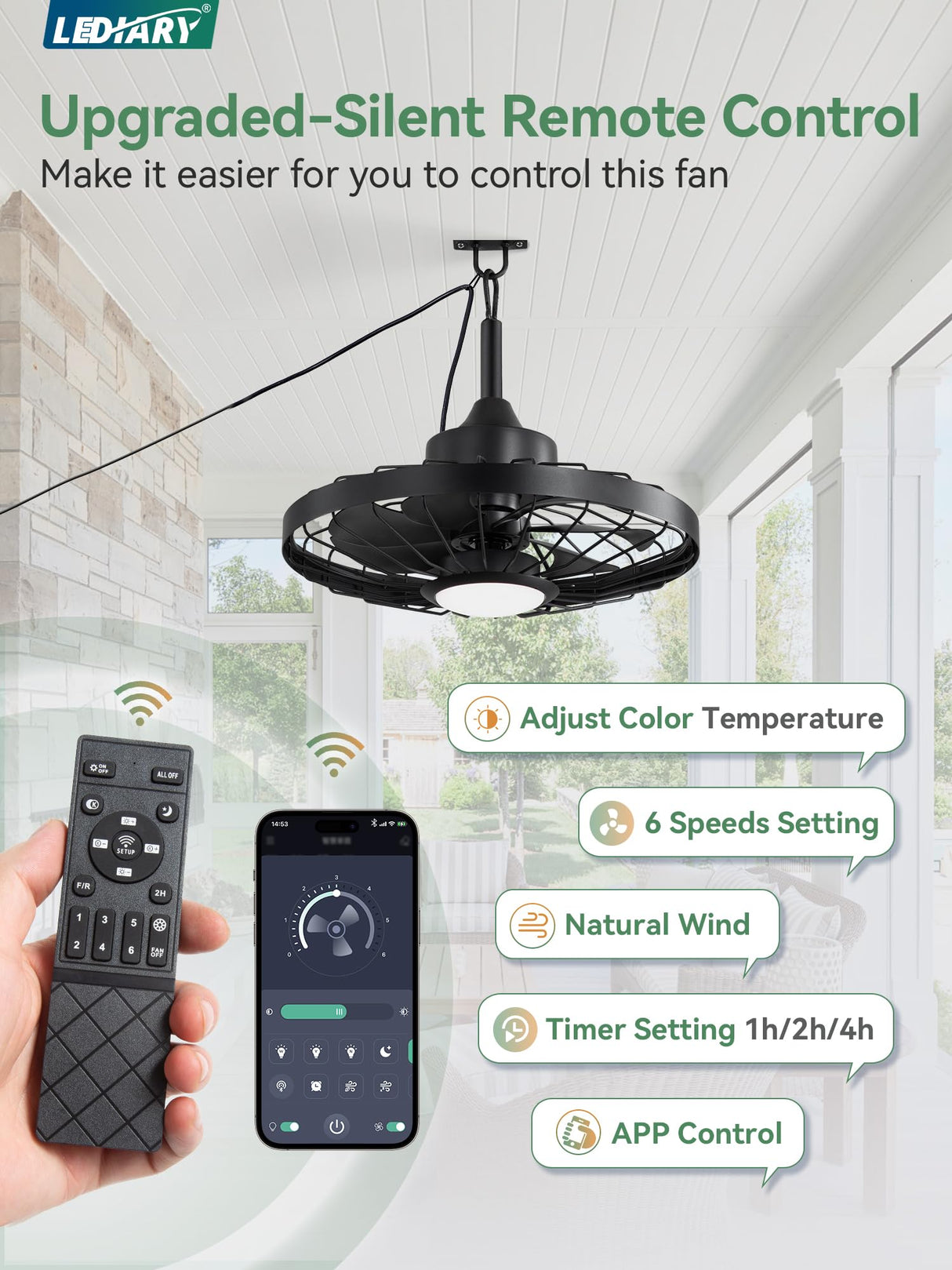 LEDIARY 20" Outdoor Ceiling Fan with Lights,IP65 Waterproof Gazebo Hanging Fan with Remote Control Smart App, Plug in Caged Ceiling Fan with 3CCT 6-Speeds for Patio Porch Pergola(Black) LEDIARY