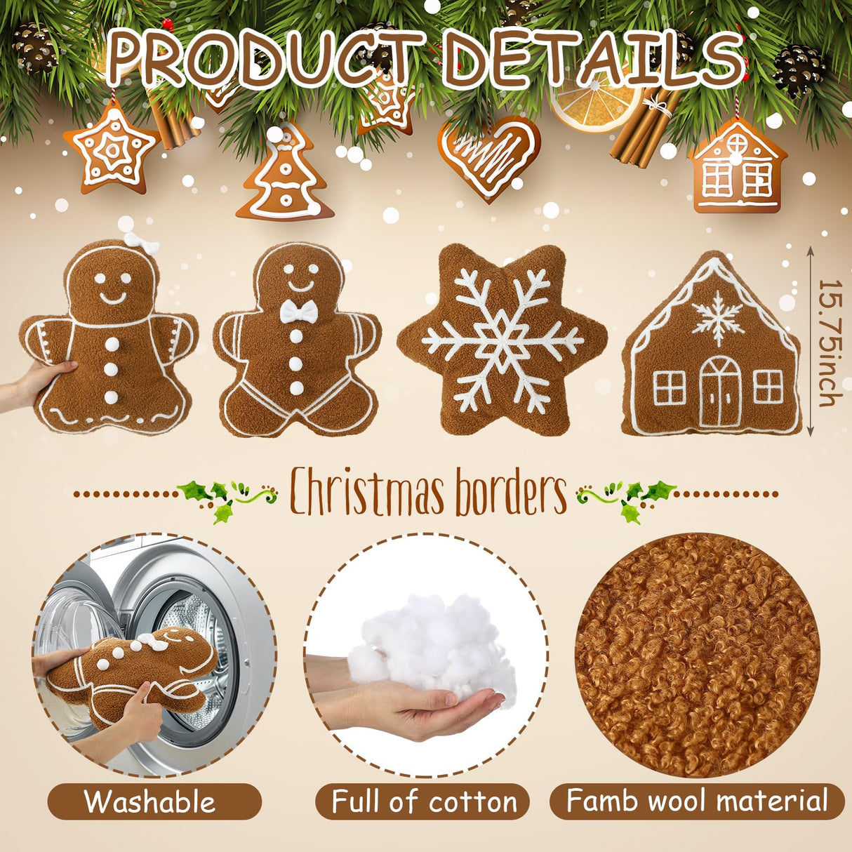 HunnmingRe 4 Pcs Christmas Throw Pillows Plush Gingerbread Men Gingerbread House Snowflake Shaped Pillow for Christmas Winter Holiday Party Outdoor Bedroom Cushion Decoration HunnmingRe