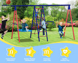 Swing Sets for Backyard, 6 in 1 Multifunction Swing Set Outdoor for Kids 3-12, Heavy Duty Metal Swing Sets with 2 Swings Climbing Ladder and Nets, Trapeze Bar, Basketball HoopPlayset BUPPLEE