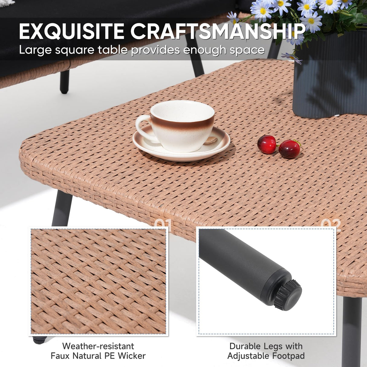 Verano Garden 4 Piece Outdoor Patio Furniture Set, Outdoor Wicker Sectional Couch, Balcony Furniture Set with Cushions & Square Table, Patio Conversation Set for Porch, Backyard (Black, 4PCS Sofa Set) Verano Garden