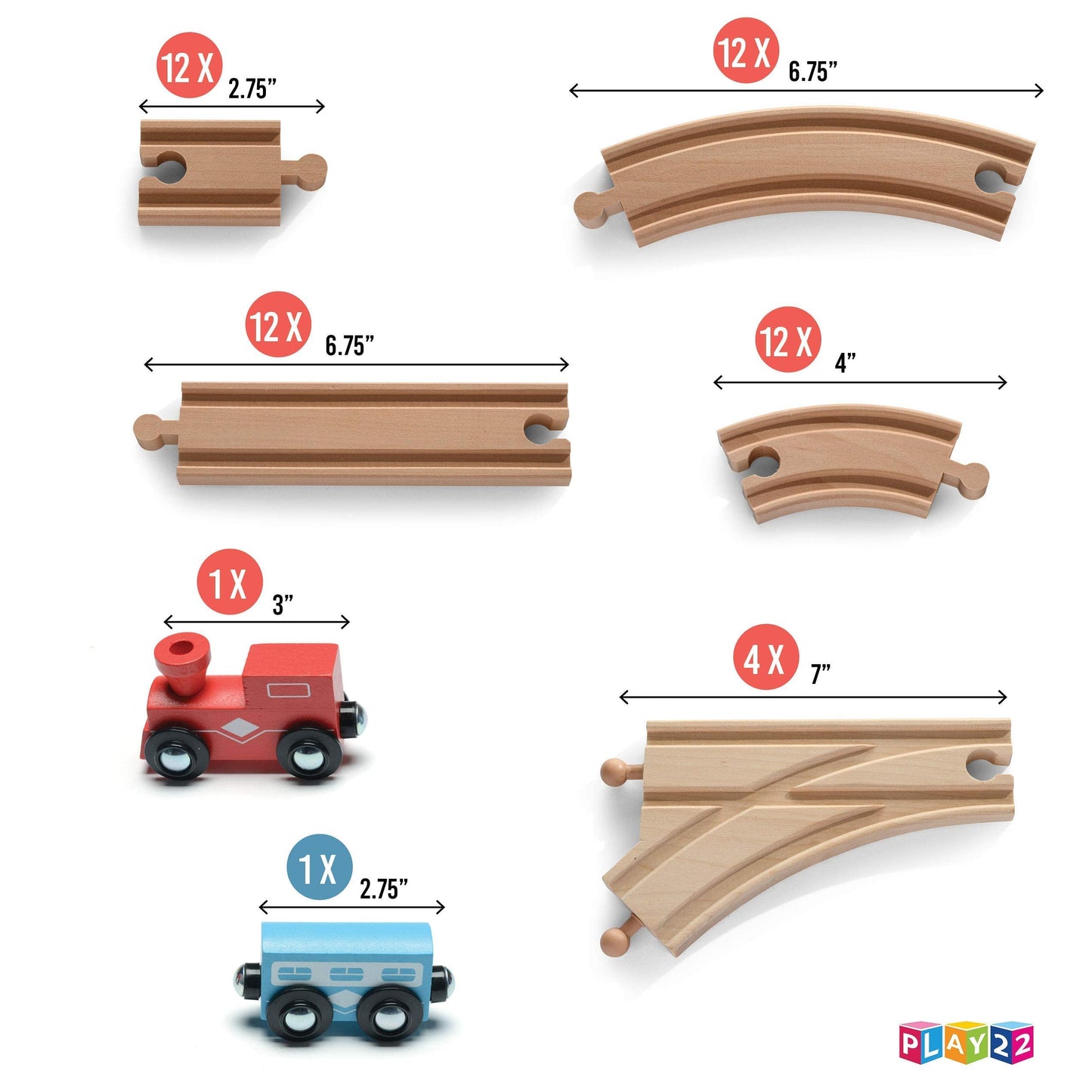 Play22 Wooden Train Tracks - 52 PCS + 2 Bonus Car Toy Trains - for Kids is Compatible with Thomas Wooden Railway Systems and All Major Brands -