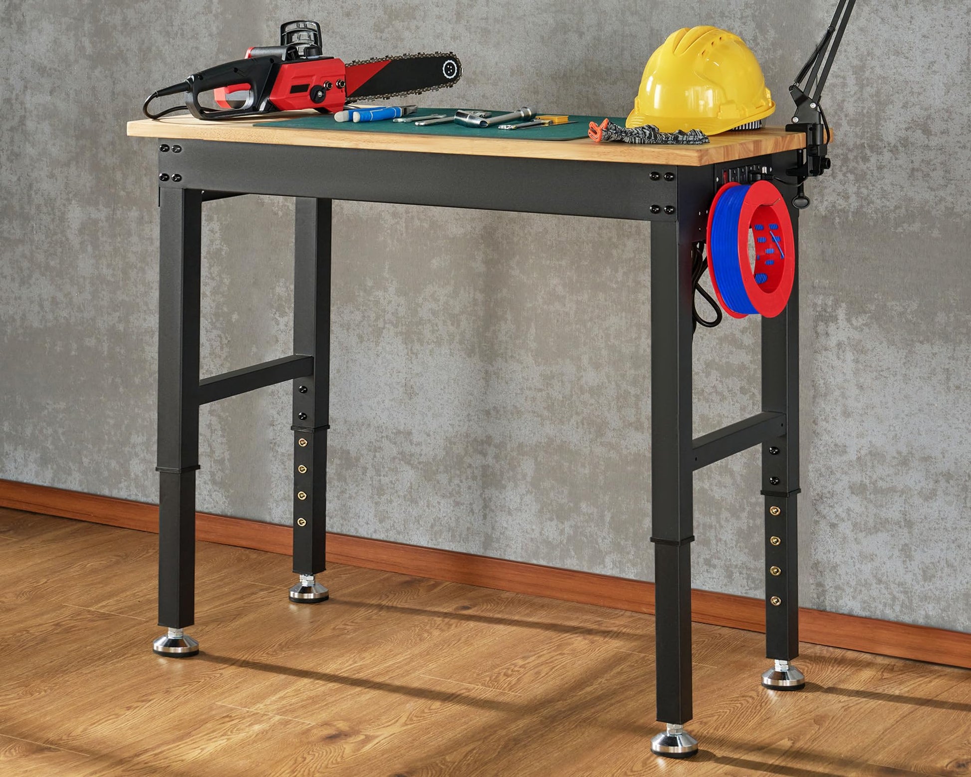 Albott Adjustable Workbench 28.7-38.6" Height, Rubber Wood Top Heavy Duty Workbench with Power Outlets & Hooks, 2000 LB Capacity Workbench for Garage, Workshop, Home & Office - WoodArtSupply