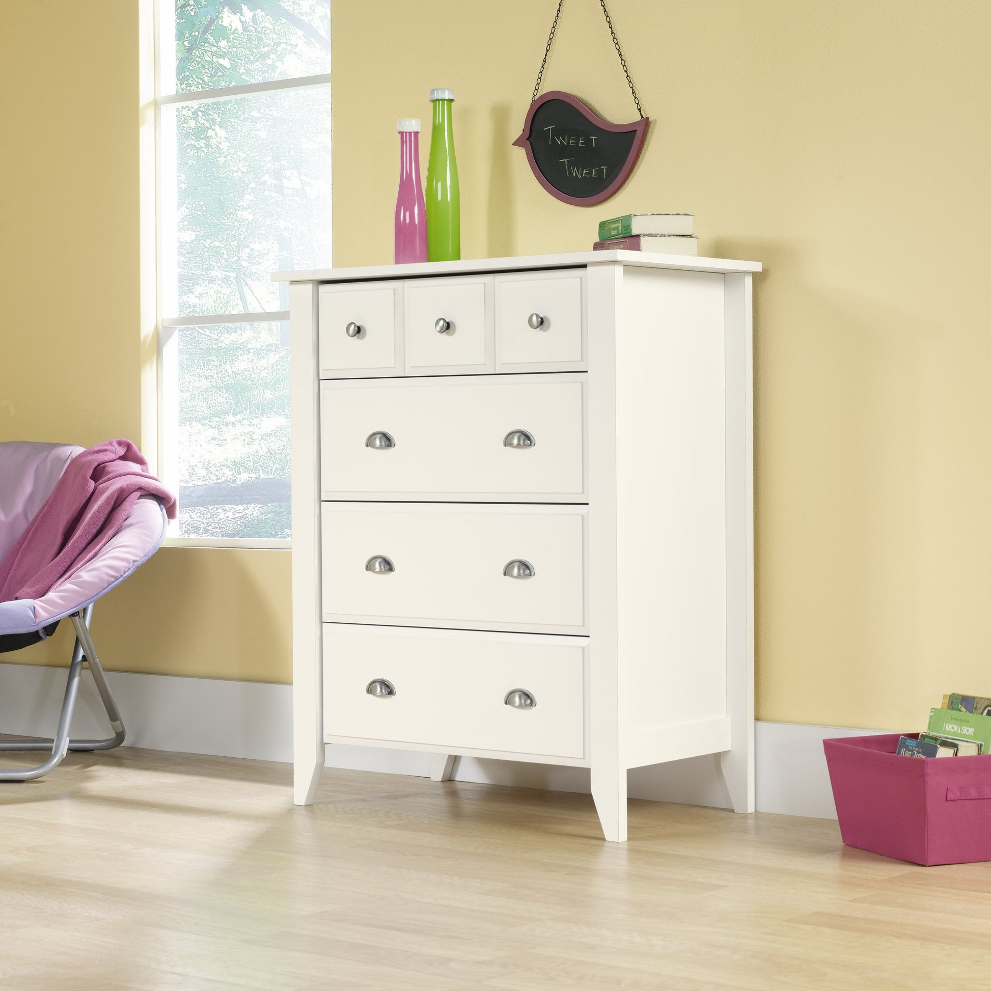 Sauder Shoal Creek 4-Drawer Dresser, L: 34.72" x W: 18.58" x H: 42.68", Soft White finish - WoodArtSupply