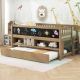 JIJIWANG Twin Size Low Loft Bed with Storage Shelves and Blackboard Wooden Loft Bed with Trundle, Wood Slats Support, No Box Spring Required, Walnut JIJIWANG