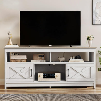 DWVO Farmhouse TV Console, TV Stand with Power Outlets for TVs up to 65 Inch, Entertainment Center Mid Century Modern TV Cabinet, Rustic Media Console Table for Living Room, Grey White/Grey Wash