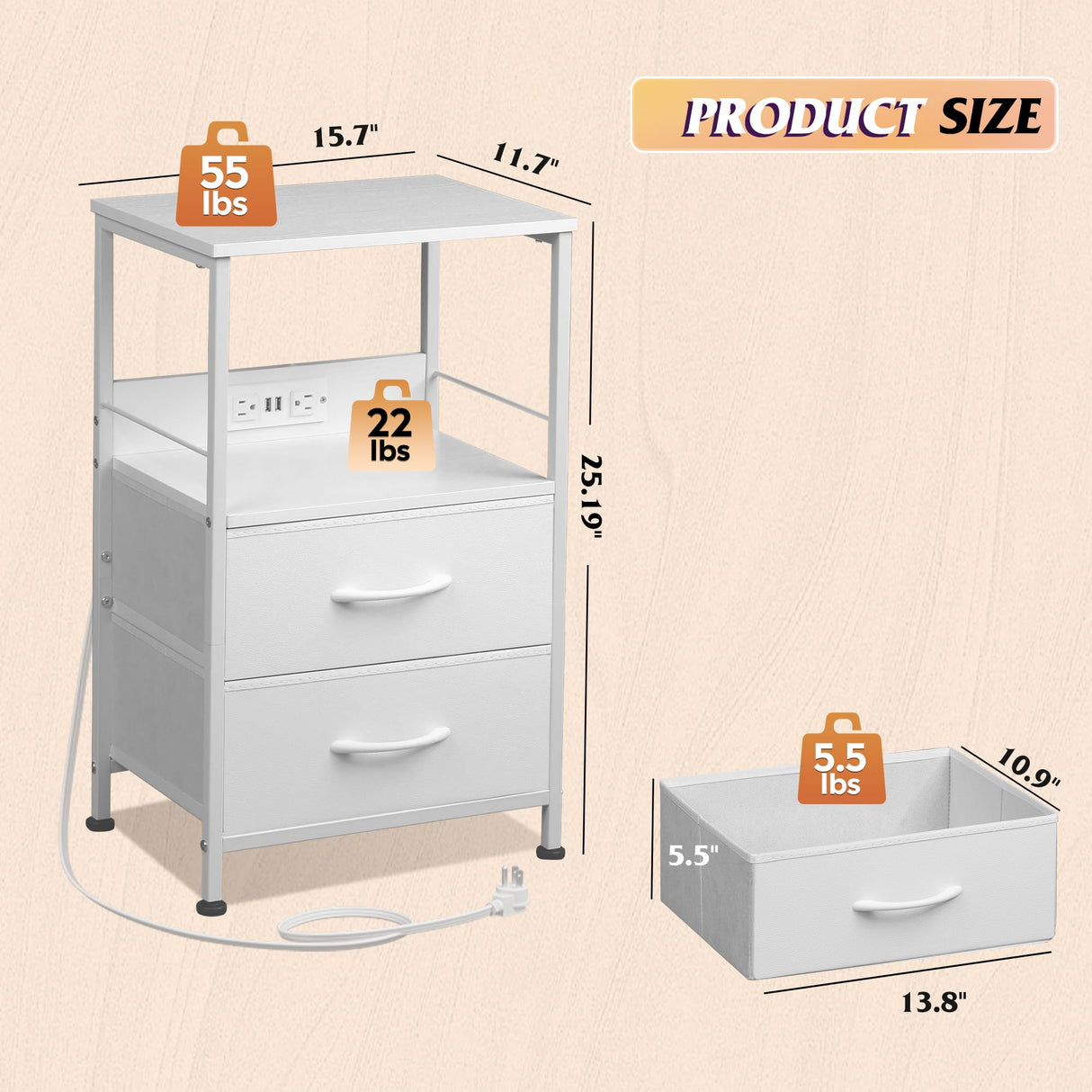 WLIVE White Night Stand with Charger Station, LED Nightstand with 2 Fabric Drawers and Storage Shelf, Bedside Table with 3 USB Ports and 2 Outlets, Small Dresser for Bedroom WLIVE