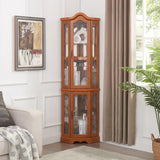 XZTUAJ 66" H Lighted Corner Curio Cabinet, 5 Tier Glass Display Cabinet with Adjustable Shelves and Mirror Back Panel, Corner Curio Storage Rack Wood Display Case for Living Room & Kitchen (Oak) XZTUAJ
