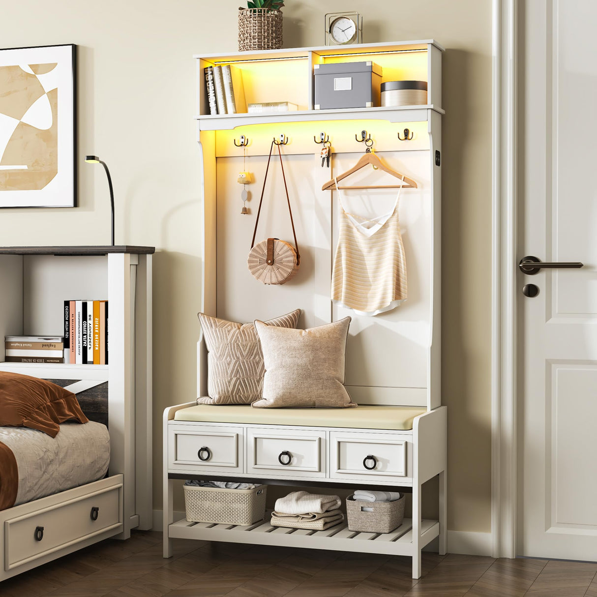 Gurexl 67” Farmhouse Hall Tree with Shoe Storage, Auto Sensor Wood Coat Tree with LED Lights, 3-in-1 Entryway Bench with Coat Rack, Hooks and Drawers for Hallway, Living Room, Bedroom (White) Gurexl