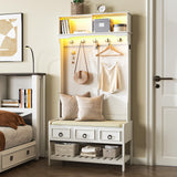 Gurexl 67” Farmhouse Hall Tree with Shoe Storage, Auto Sensor Wood Coat Tree with LED Lights, 3-in-1 Entryway Bench with Coat Rack, Hooks and Drawers for Hallway, Living Room, Bedroom (White) Gurexl