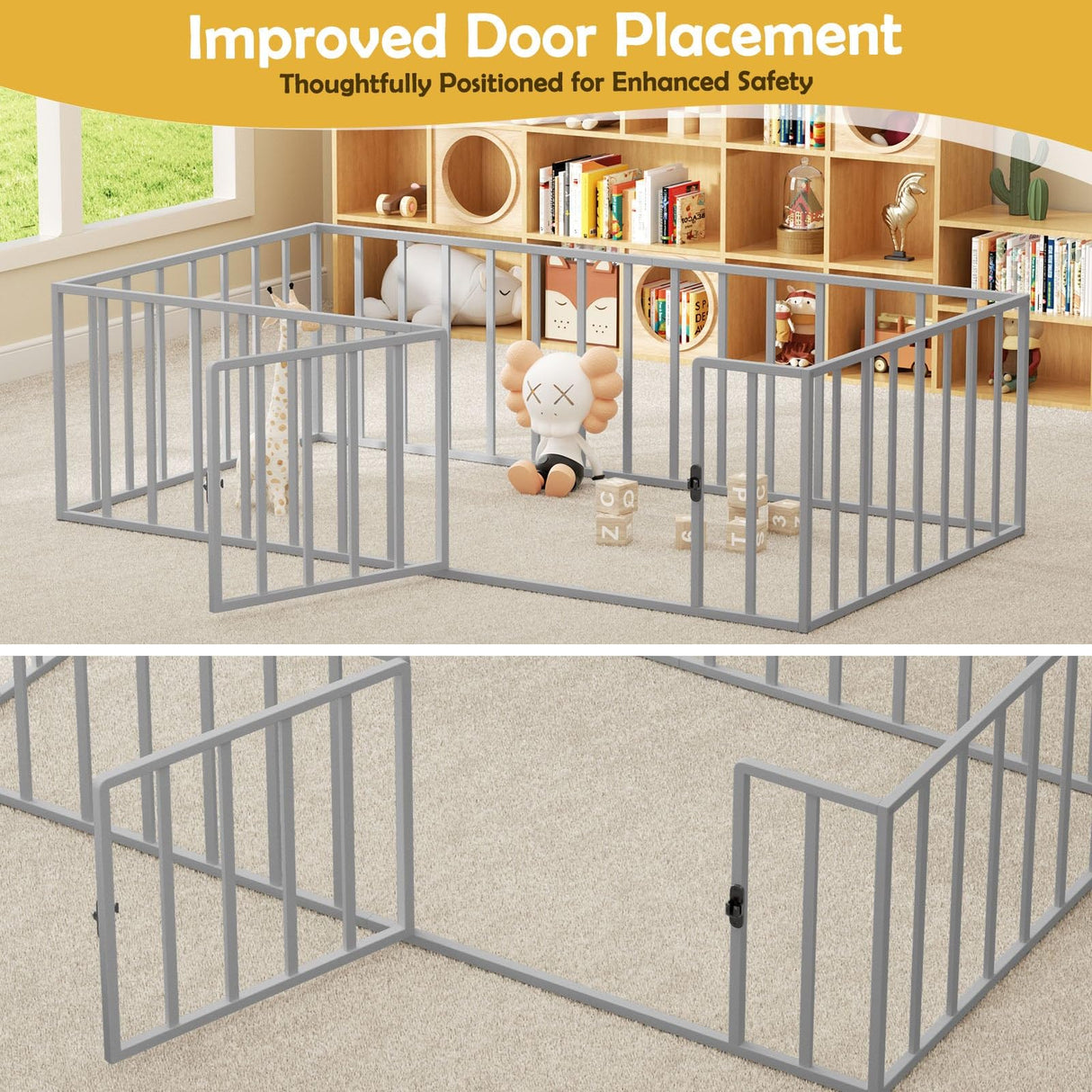 MODCART Twin Size Floor Bed Frame, Metal Montessori Platform Bed with Safety Guardrails Fence 77×41×21 Easy Assembly for Bedroom Playroom MODCART