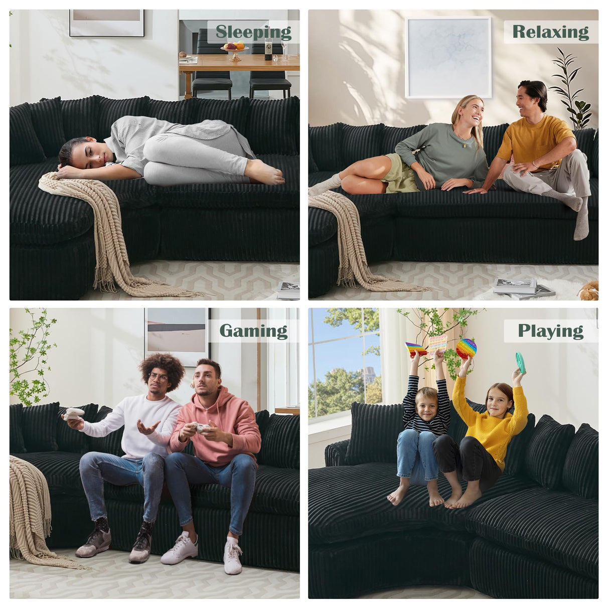 UQGVML 129'' Cloud Corduroy Couch for Living Room, Modern Curved Cloud Sofa, Upholstered Corner Couches for Living Room, L Shaped Sectional Couch (Black) UQGVML