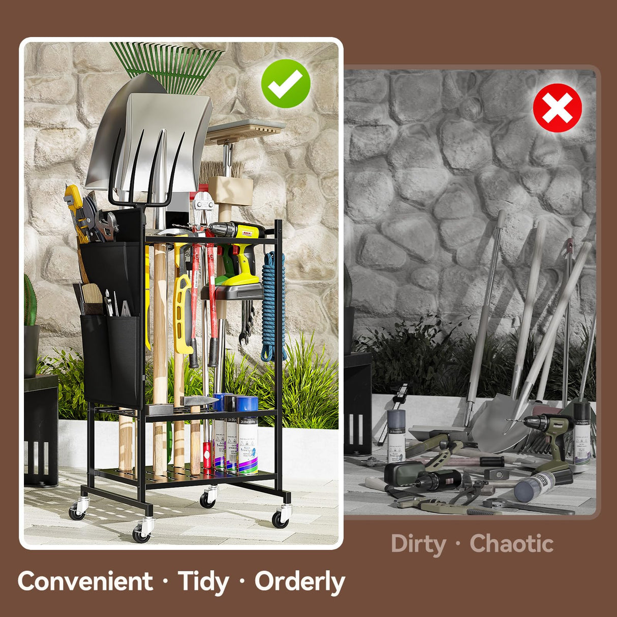 SUFAUY Garden Tool Organizer, Rolling Heavy-Duty Garage Tool Stand, Yard Storage Rack with Casters and Hooks, Black SUFAUY