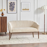 Christopher Knight Home Irelia Corduroy Recessed Arm Loveseat, Comfy Upholstery 2 Seater Sofa, Wooden Frame Living Room Chair, Mid-Century Modern Soft Seating Lounge Sofa, Beige + Walnut Christopher Knight Home