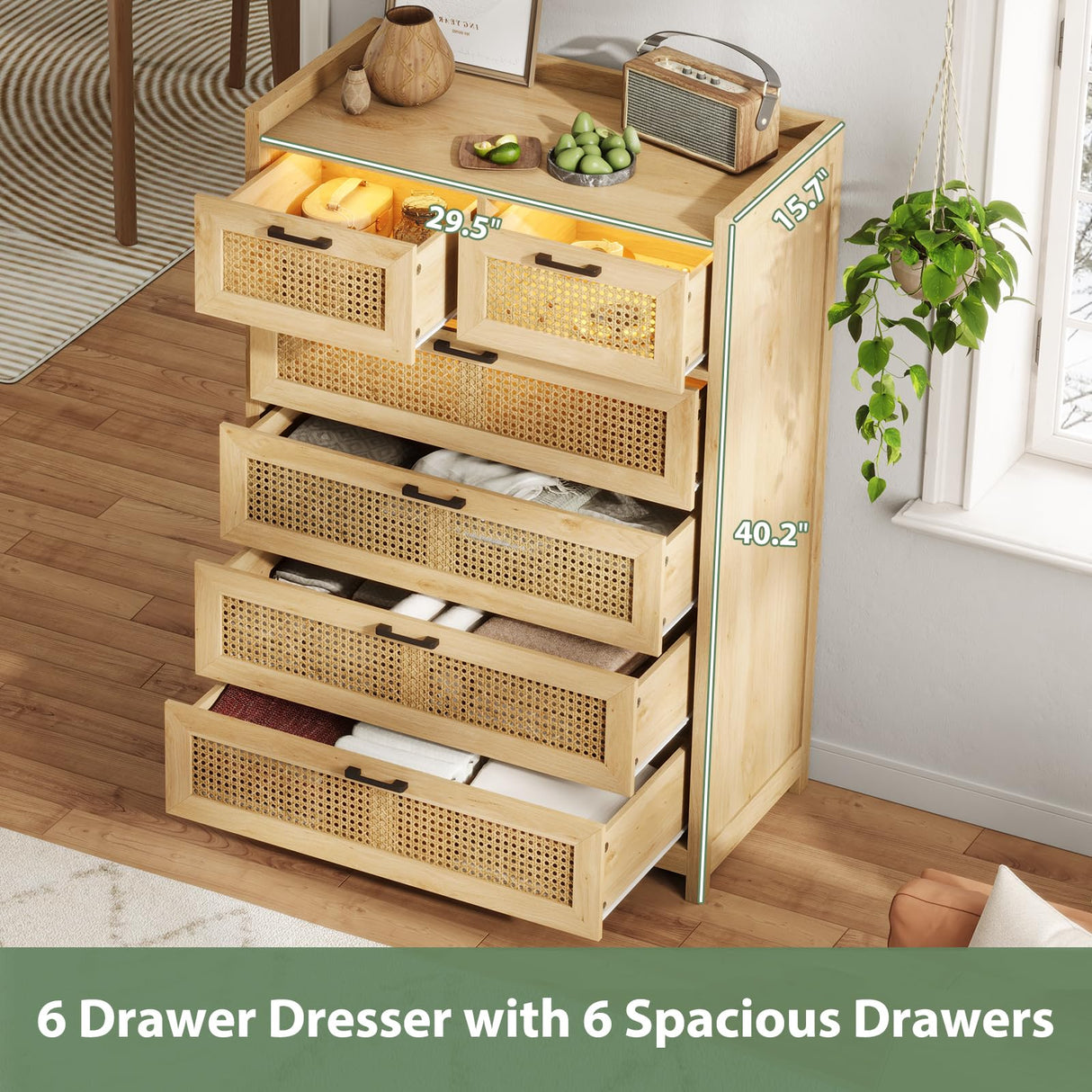 OTMCOOUCH Dresser for Bedroom with 6 Drawers, Natural Rattan Modern Wooden Tall Bedroom Dresser with Led Lights, Chest of Drawers for Bedroom, Living Room OTMCOOUCH