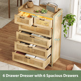OTMCOOUCH Dresser for Bedroom with 6 Drawers, Natural Rattan Modern Wooden Tall Bedroom Dresser with Led Lights, Chest of Drawers for Bedroom, Living Room OTMCOOUCH