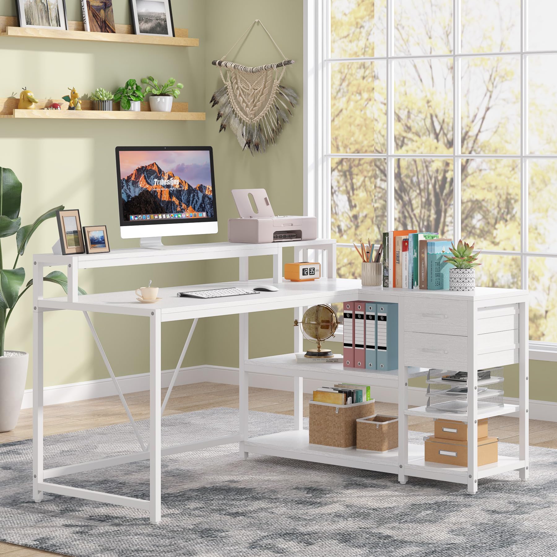 Tribesigns 55-Inch Modern White Reversible L-Shaped Desk with Storage Shelves and Drawers - WoodArtSupply