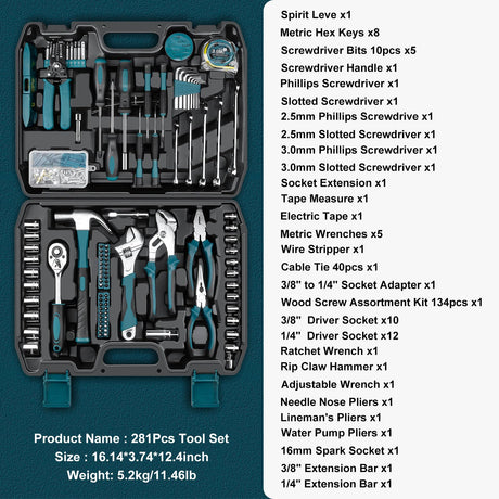 Sundpey Home Tool Kit 281-PCs - Portable Complete Basic Repair General Hand Tool Sets for Men Women - Full Tool Set with Socket Wrench Set & Screwdriver Set & Metric Hex Key & Pliers & Tool Box Case Sundpey