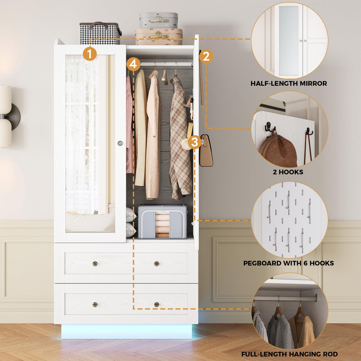 IRONCK Wardrobe Closet with LED Light & Mirror, Wooden Modern Armoire with 2 Drawers and Hanging Rod, Large Capacity Storage Closet for Bedroom, White IRONCK