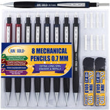 June Gold 8 Pack 0.7 mm HB #2 Mechanical Pencils, Extra Long Spin Eraser, 2 Lead Dispensers/w 220 Refills & 8 Refill Erasers, Break Resistant Lead, Soft Non-Slip Grip June Gold