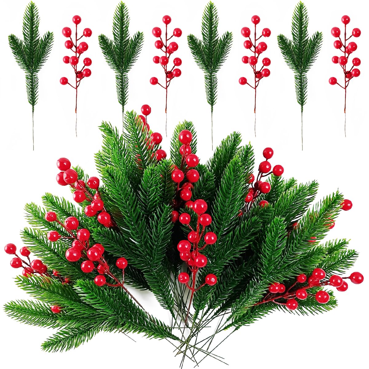 RONYOUNG 32PCS Artificial Pine Branches Christmas Holly Berries Artificial Red Berry Stems for Christmas Wreath Decorations Xmas Tree Decoration