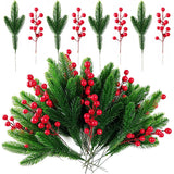 RONYOUNG 32PCS Artificial Pine Branches Christmas Holly Berries Artificial Red Berry Stems for Christmas Wreath Decorations Xmas Tree Decoration RONYOUNG