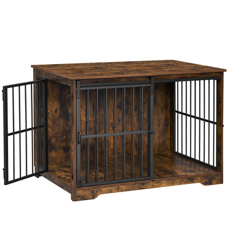 Hzuaneri Dog Crate Furniture, 44.1" Double Door Dog Crate with Barn Door, Dog Kennel Indoor, End Side Table Wooden Dog Crate for Small Medium Large Dog, Anti-Chew Anti-Escape, Rustic Brown Hzuaneri