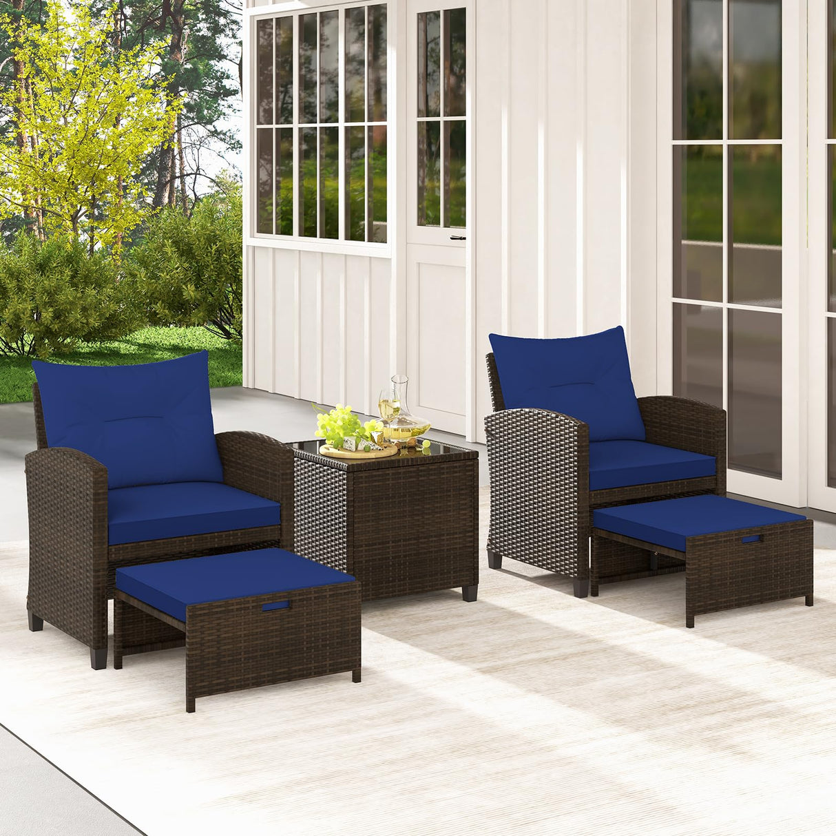 ORALNER 5 Pieces Patio Furniture Set with Ottoman, Wicker Conversation Set w/Cushions, Glass Coffee Table, Outdoor Rattan Lounger Chairs Bistro Set for Porch Balcony Garden Deck Poolside (Navy) ORALNER