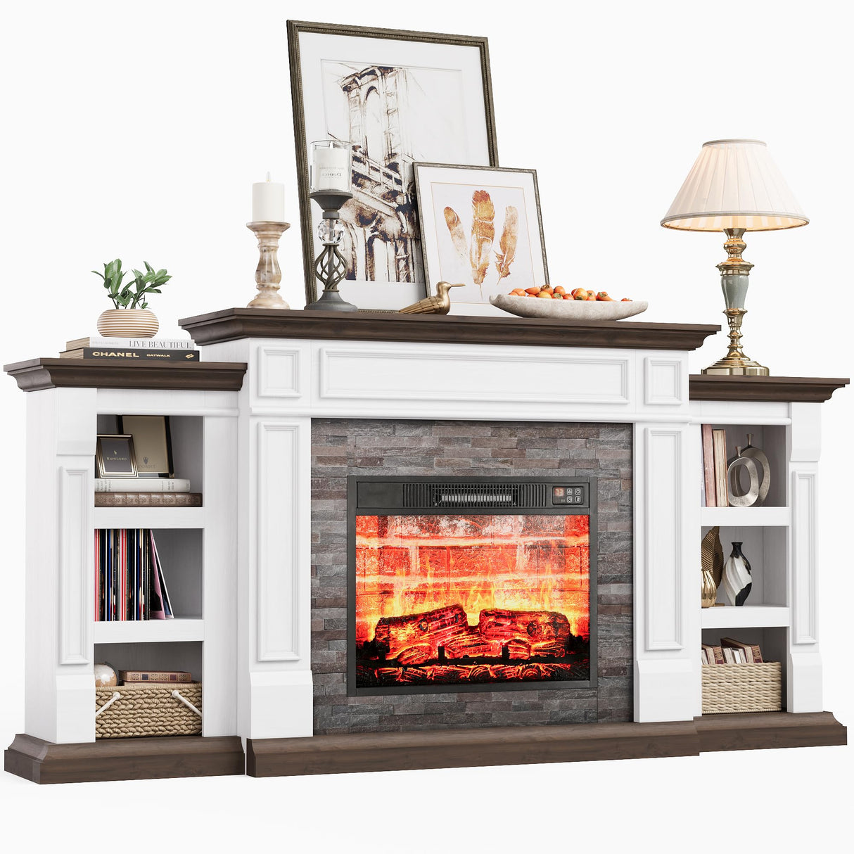Naice 70" Electric Fireplace with Mantel and Cabinets, Fireplace TV Stand for Living Room Bedroom, Stacked Stone Surround and Remote Control 3D Realistic Flame Naice