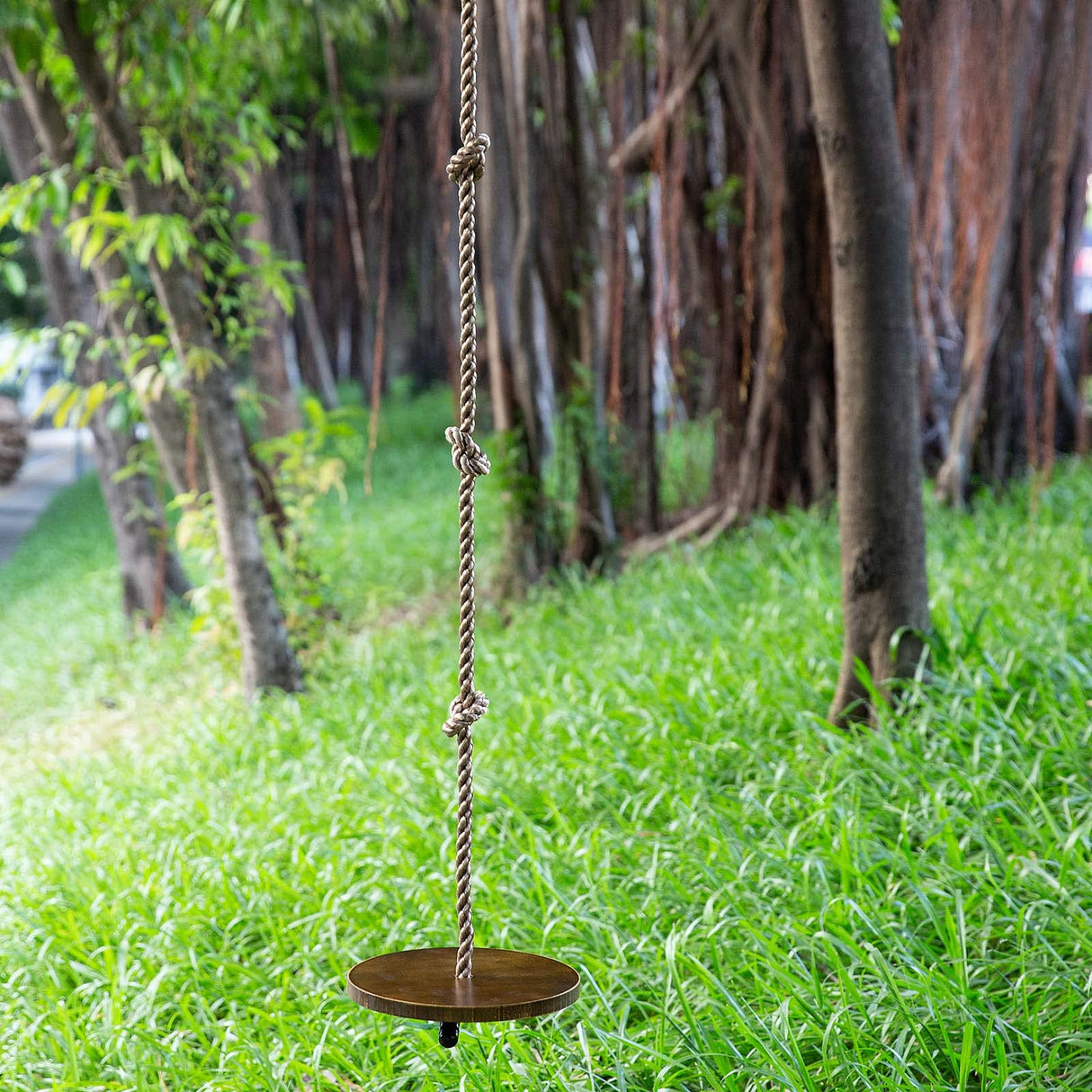 Yangbaga Wooden Round Disc Rope Swing 51”-73” Adjustable Climbing Rope Tree Swing with Hanging Strap Snap Hook and Felt Protectors for Kids Outdoor Brown Yangbaga