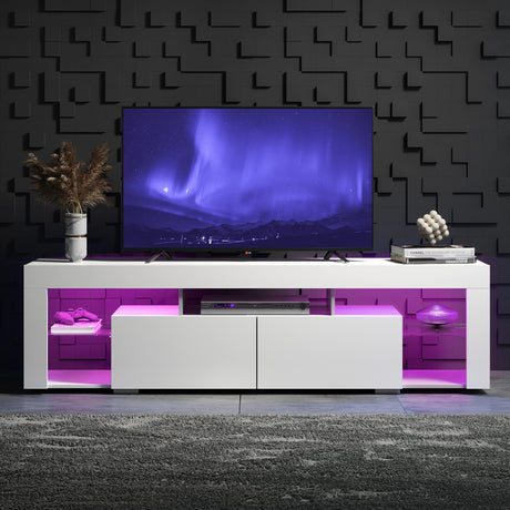 WLIVE LED TV Stand for 55/60/65/70 Inch TV, Modern Entertainment Center with Open Shelves, Wood TV Console with 2 Storage Drawers for Bedroom, Living Room, Gaming Media Stand with Display Glass, White WLIVE