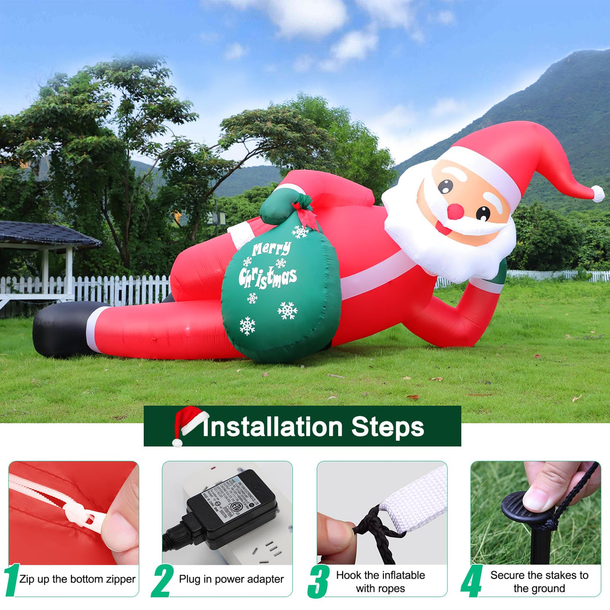 12 FT Giant Christmas Inflatables Santa Claus Outdoor Decorations, Huge Blow up Lying Santa Claus with Gift Bag Yard Decor, Built-in Brilliant LED Lights for Yard Lawn Garden Holiday Party FunFanso