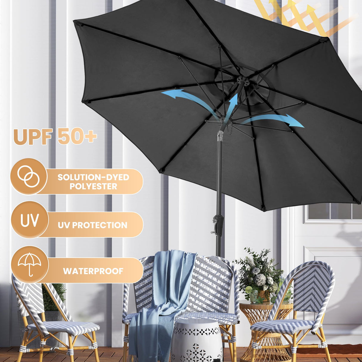 Ayge 9FT Large Outdoor Patio Umbrella Market Table Umbrella-UV Resistant, Easy Push Button Tilt and Crank, 8 Sturdy Fiberglass Ribs Heavy-Duty Pool Umbrella for Deck, Backyard,Garden, Yard,Black Ayge