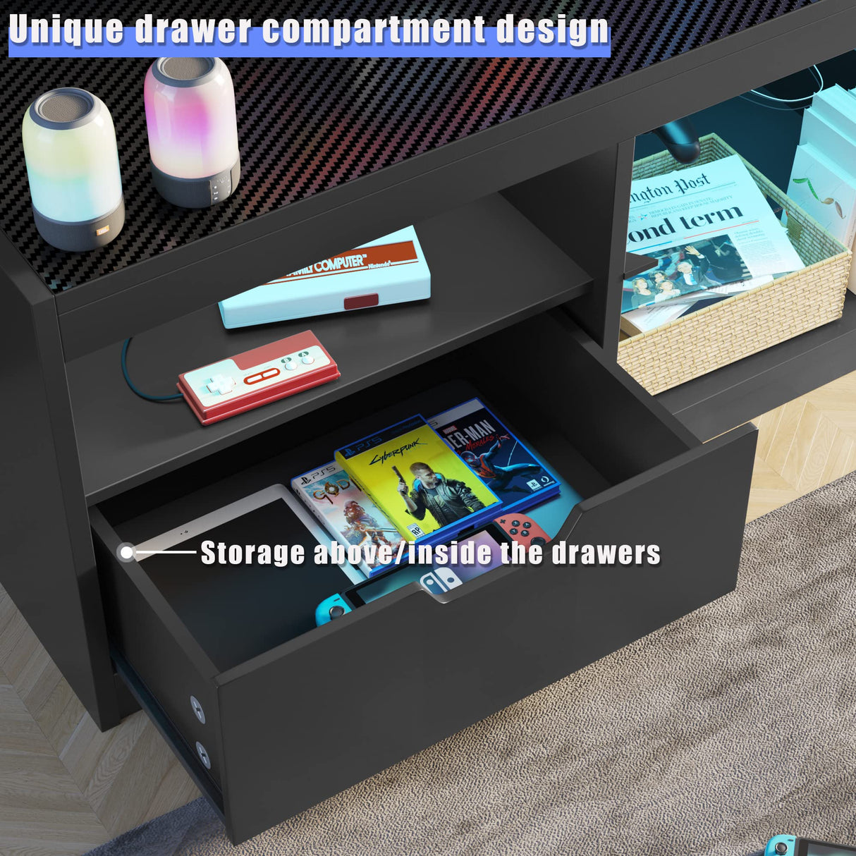 JUMMICO TV Stand, Entertainment Center LED Gaming TV Stand for 65+ Inch TV Carbon Fiber Top, Dynamic RGB Modes TV Cabinet Console with Adjustable Glass Shelves Storage Drawers (Black) JUMMICO