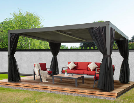 Domi Louvered Pergola 12' × 16', Outdoor Aluminium Pergola with Adjustable Roof, Curtains and Netting, Hardtop Gazebo for Patio, Deck, Garden, Yard, Beach(Gray) domi outdoor living