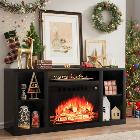 YESHOMY Electric Fireplace TV Stand for Televisions up to 65+ Inch, Media Entertainment Center Console Table with Four Open Storage Shelves & Cabinets, 58 Inch, Black YESHOMY